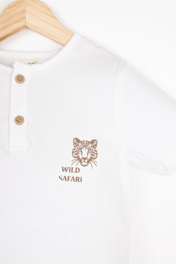Kaplan Baskılı Kısa Kollu Yuvarlak Yaka Yarım Patlı Düğmeli Rahat Erkek Çocuk T-shirt