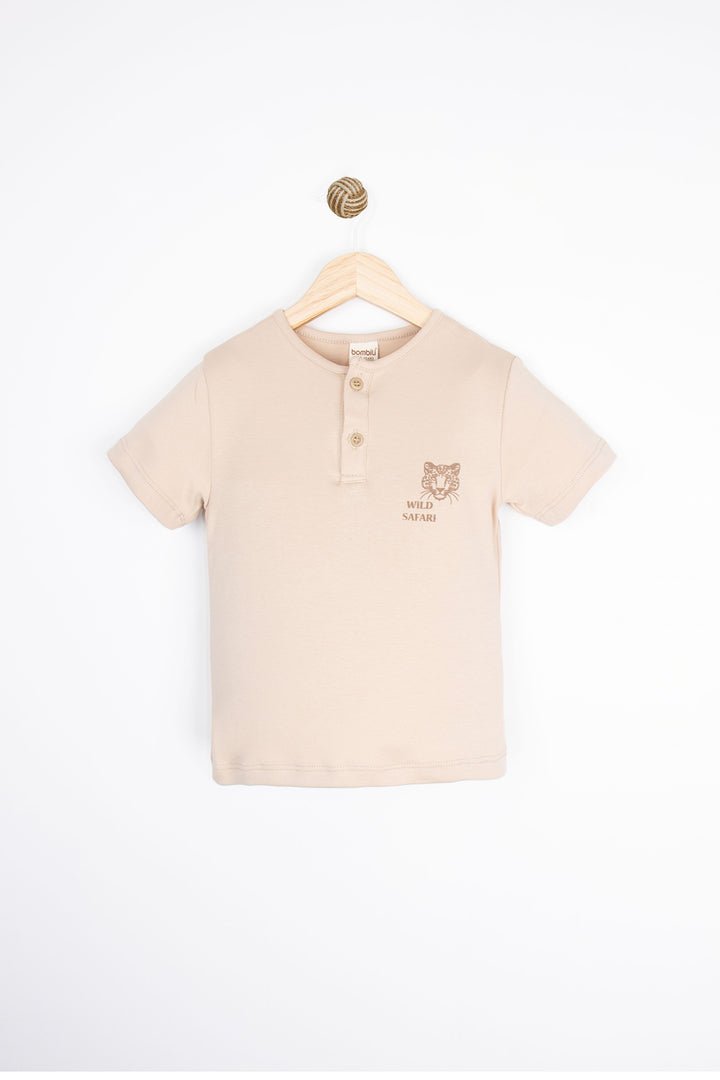 Kaplan Baskılı Kısa Kollu Yuvarlak Yaka Yarım Patlı Düğmeli Rahat Erkek Çocuk T-shirt