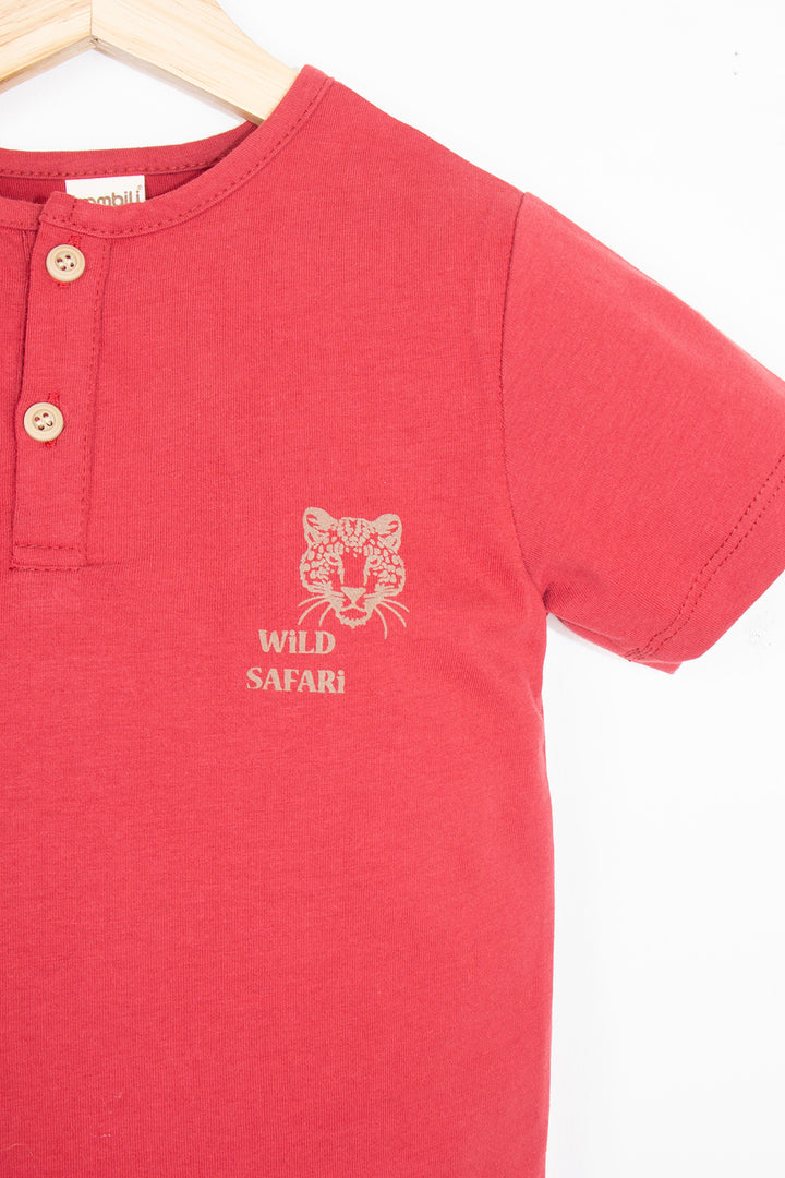 Kaplan Baskılı Kısa Kollu Yuvarlak Yaka Yarım Patlı Düğmeli Rahat Erkek Çocuk T-shirt