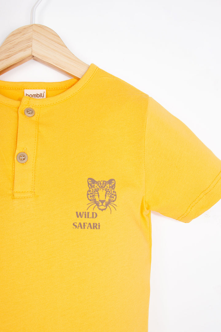 Kaplan Baskılı Kısa Kollu Yuvarlak Yaka Yarım Patlı Düğmeli Rahat Erkek Çocuk T-shirt