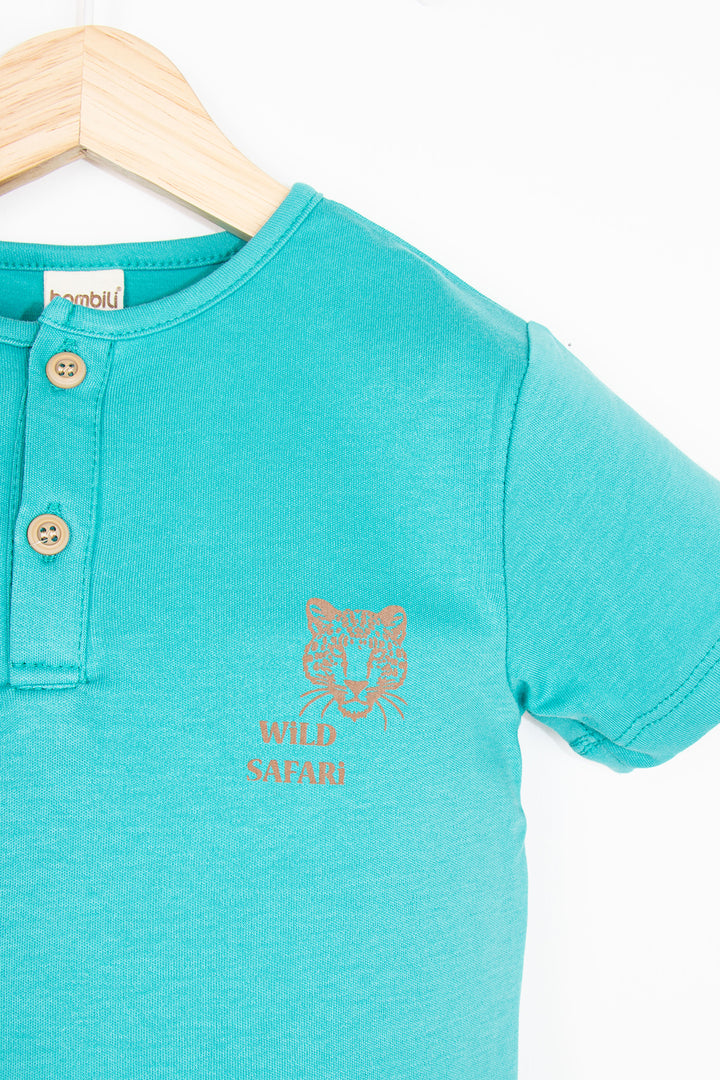 Kaplan Baskılı Kısa Kollu Yuvarlak Yaka Yarım Patlı Düğmeli Rahat Erkek Çocuk T-shirt