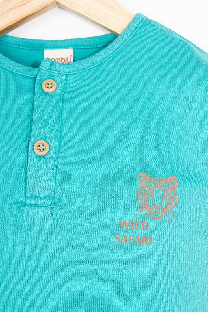 Kaplan Baskılı Kısa Kollu Yuvarlak Yaka Yarım Patlı Düğmeli Rahat Erkek Çocuk T-shirt