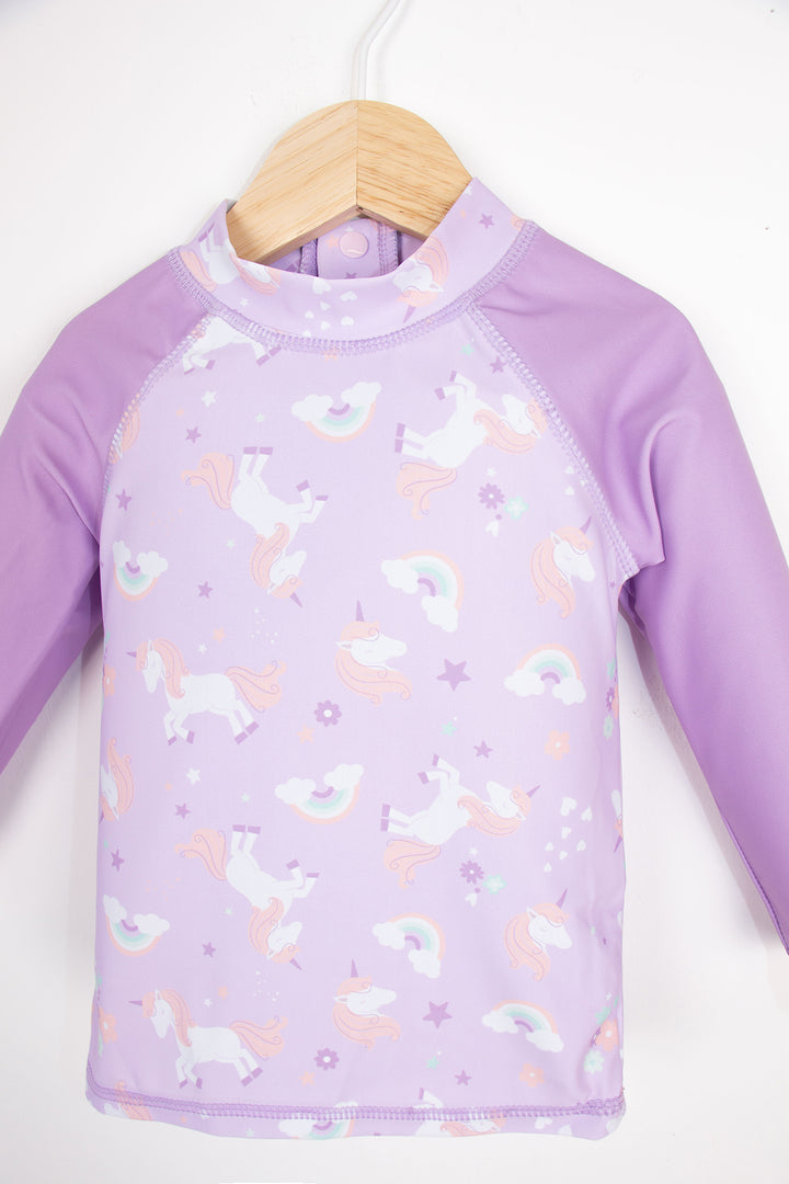 Uzun Kollu Unicorn ve Gökkuşağı Desenli Yumuşak Esnek Deniz ve Havuz Kız Bebek Mayo