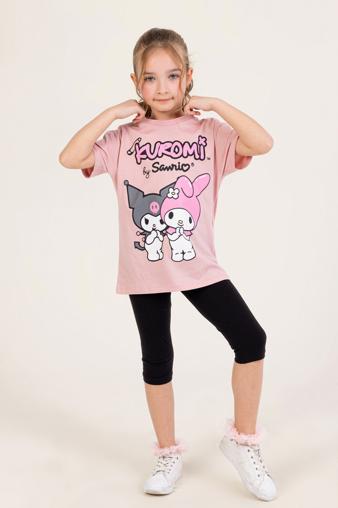 Kuromi by Sanrio Sevimli Karakter Baskılı T-shirt ve Esnek Tayt 2'li Set Kız Çocuk Takım
