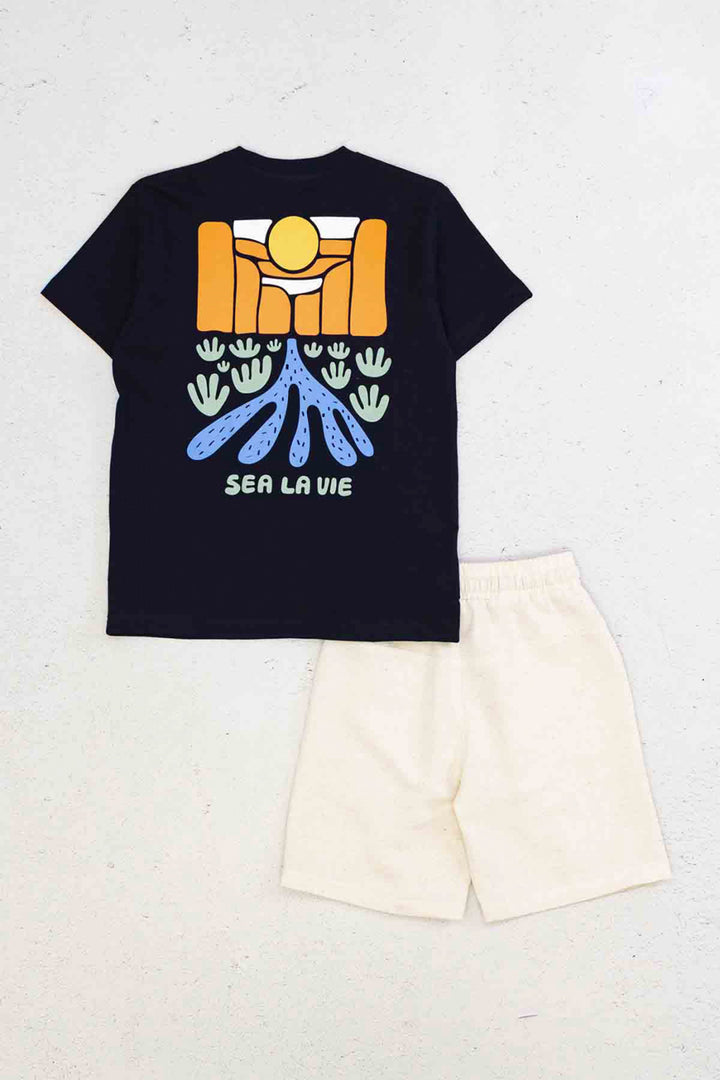 Sea La Vıe Baskılı Kısa Kollu Bisiklet Yaka Erkek Çocuk T-shirt ve Cepli Şort Takımı