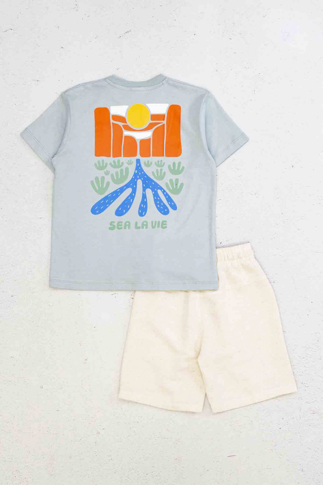 Sea La Vıe Baskılı Kısa Kollu Bisiklet Yaka Erkek Çocuk T-shirt ve Cepli Şort Takımı