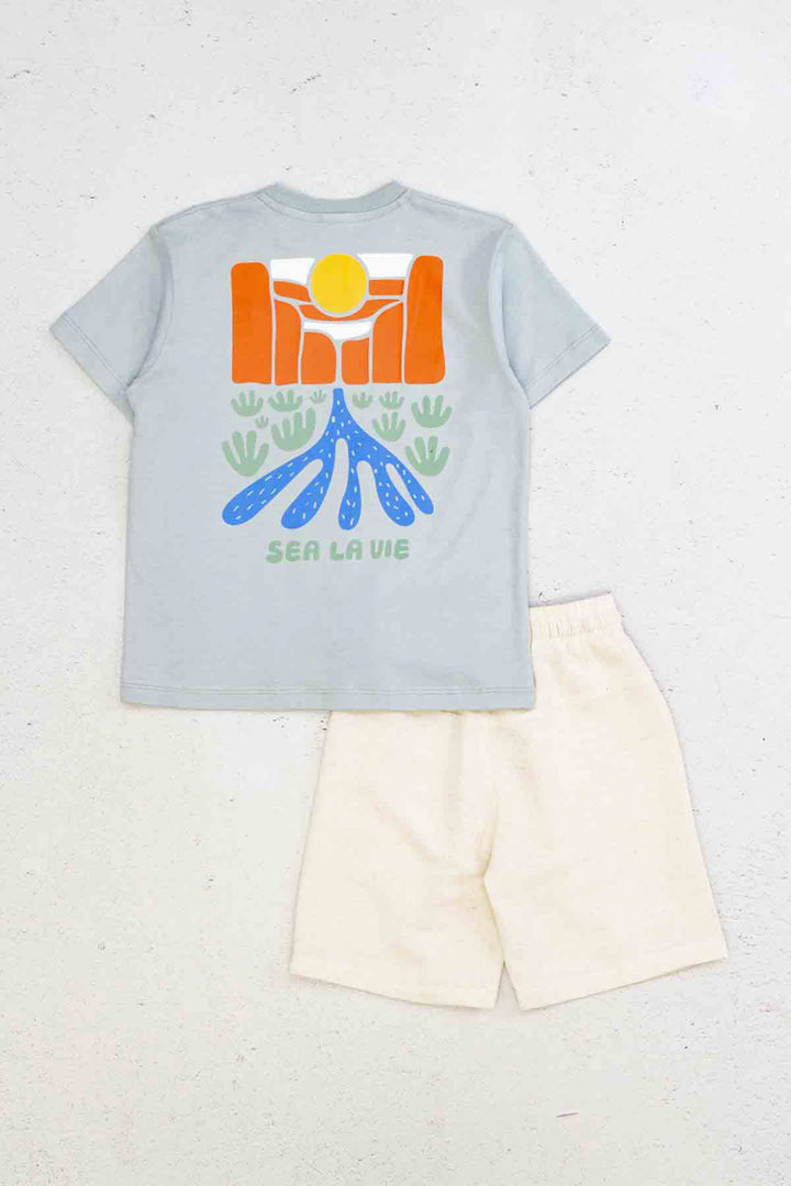 Sea La Vıe Baskılı Kısa Kollu Bisiklet Yaka Erkek Çocuk T-shirt ve Cepli Şort Takımı