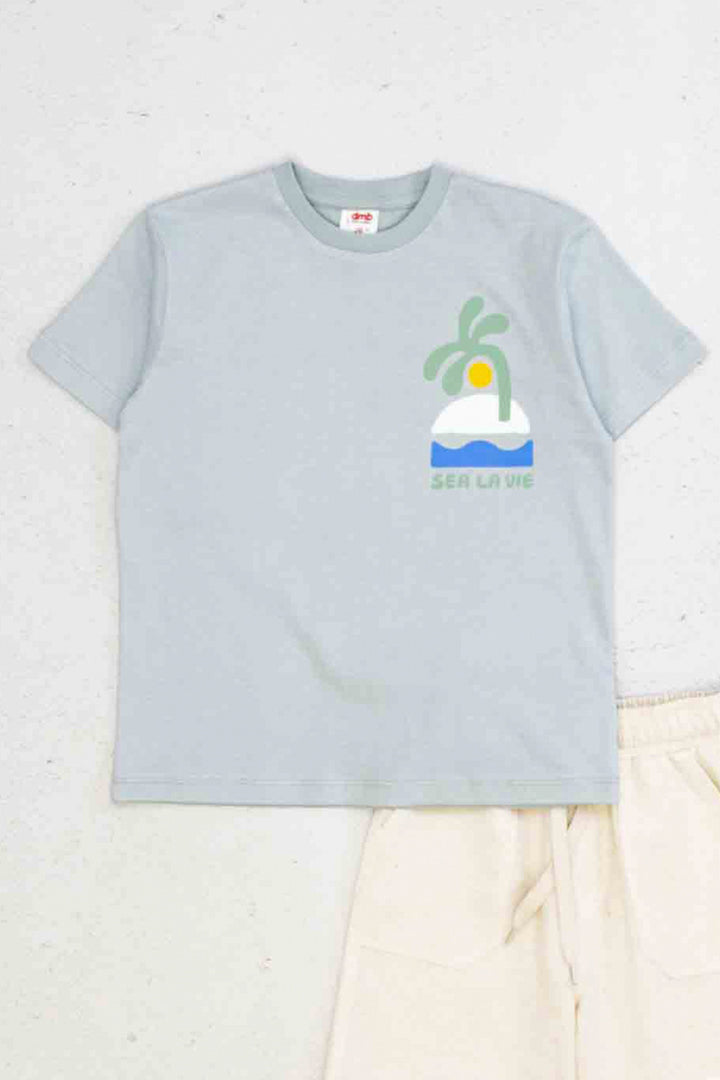 Sea La Vıe Baskılı Kısa Kollu Bisiklet Yaka Erkek Çocuk T-shirt ve Cepli Şort Takımı