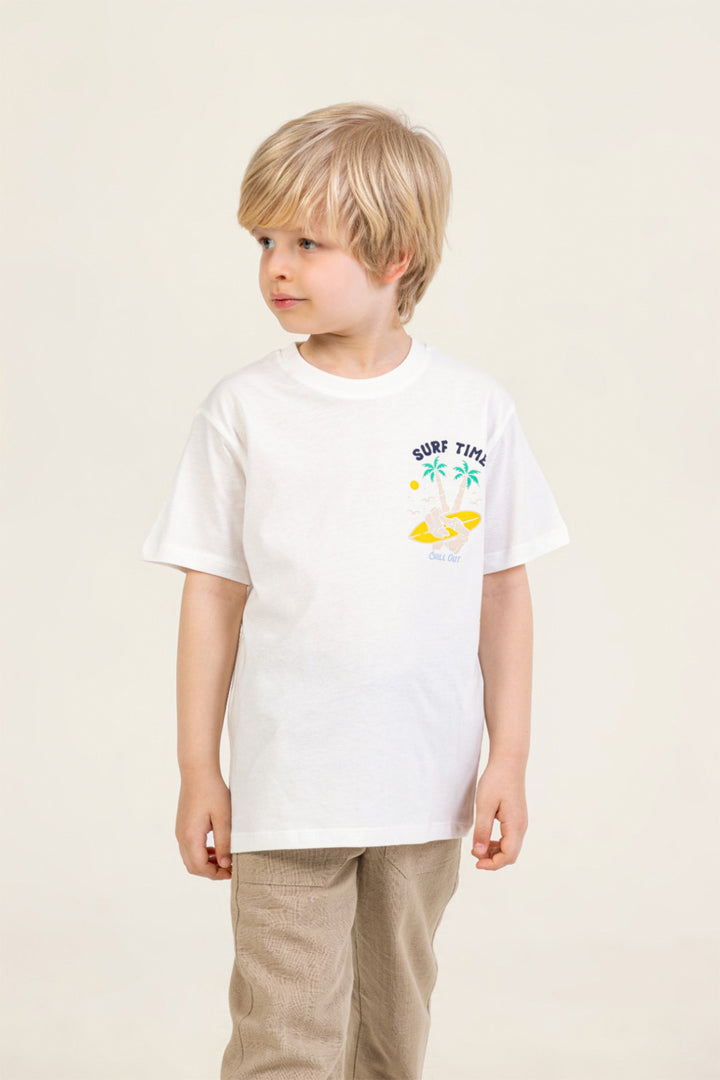 Ön ve Sırt Baskılı Rahat Kesim Pamuklu Bisiklet Yaka Erkek Çocuk T-shirt
