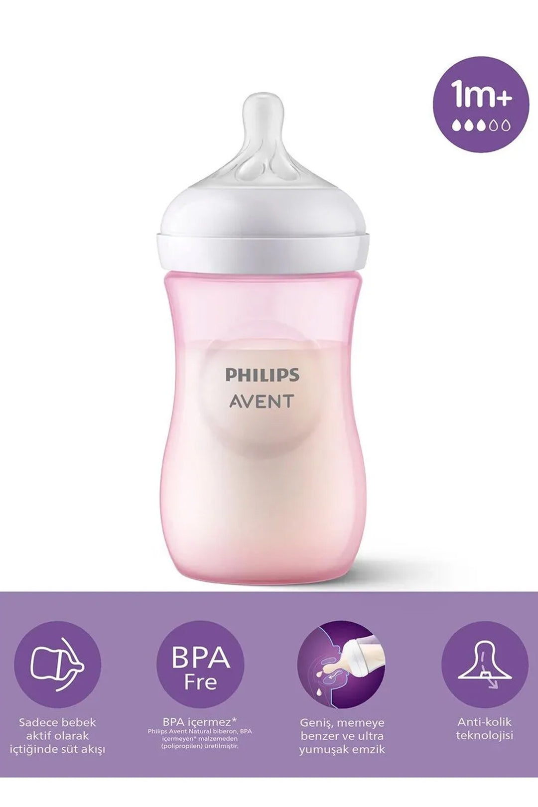 Avent Doğal Tepkili 260 ml 1+Ay Geniş Ağızlı Antikolik BPA İçermez 1 Ay+ Pembe Biberon