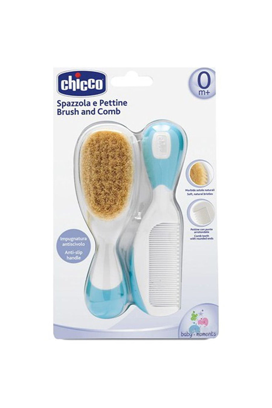 Chicco Baby Moments 0 Ay+ Bebek Doğal Kıl Yumuşak Kaymaz Saplı Saç Fırça ve Tarak Seti