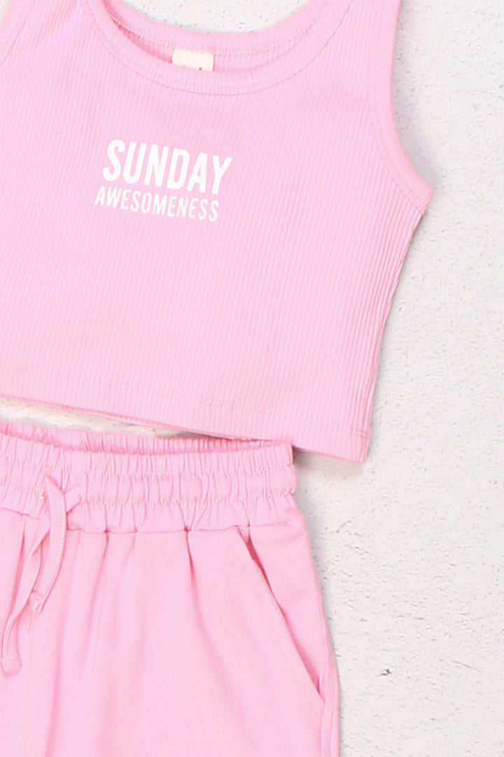 Ribanalı Crop Atlet ve Şort İkili "Sunday Awesomeness" Yazılı Yazlık Kız Çocuk  Takım