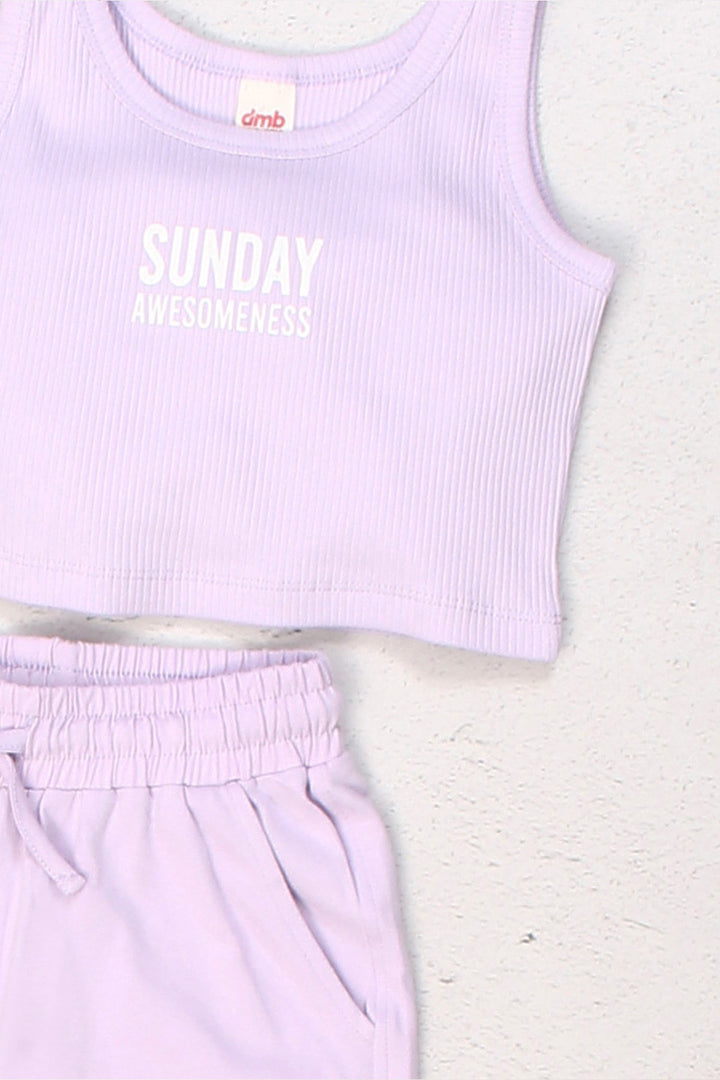 Ribanalı Crop Atlet ve Şort İkili "Sunday Awesomeness" Yazılı Yazlık Kız Çocuk  Takım