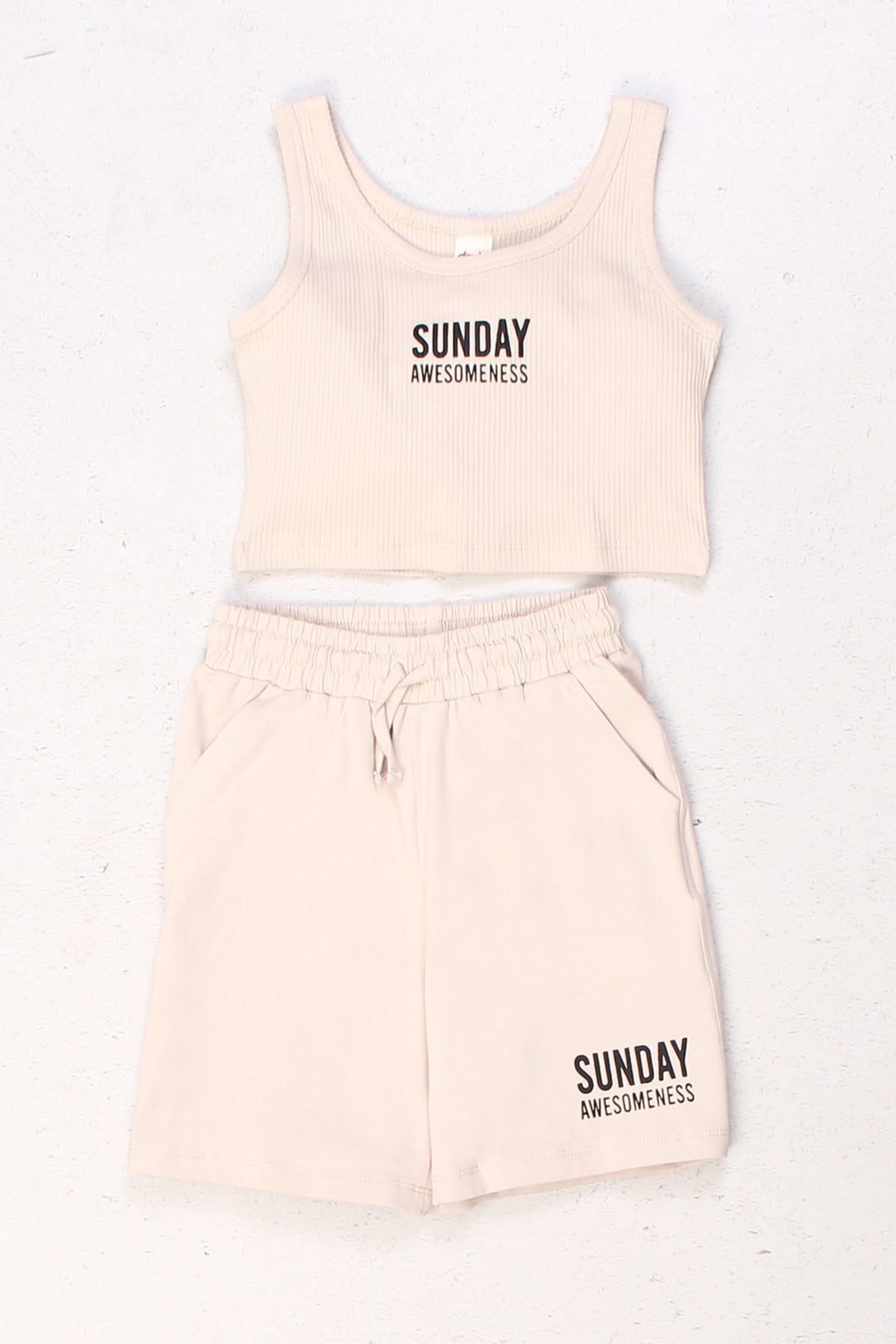 Ribanalı Crop Atlet ve Şort İkili "Sunday Awesomeness" Yazılı Yazlık Kız Çocuk  Takım