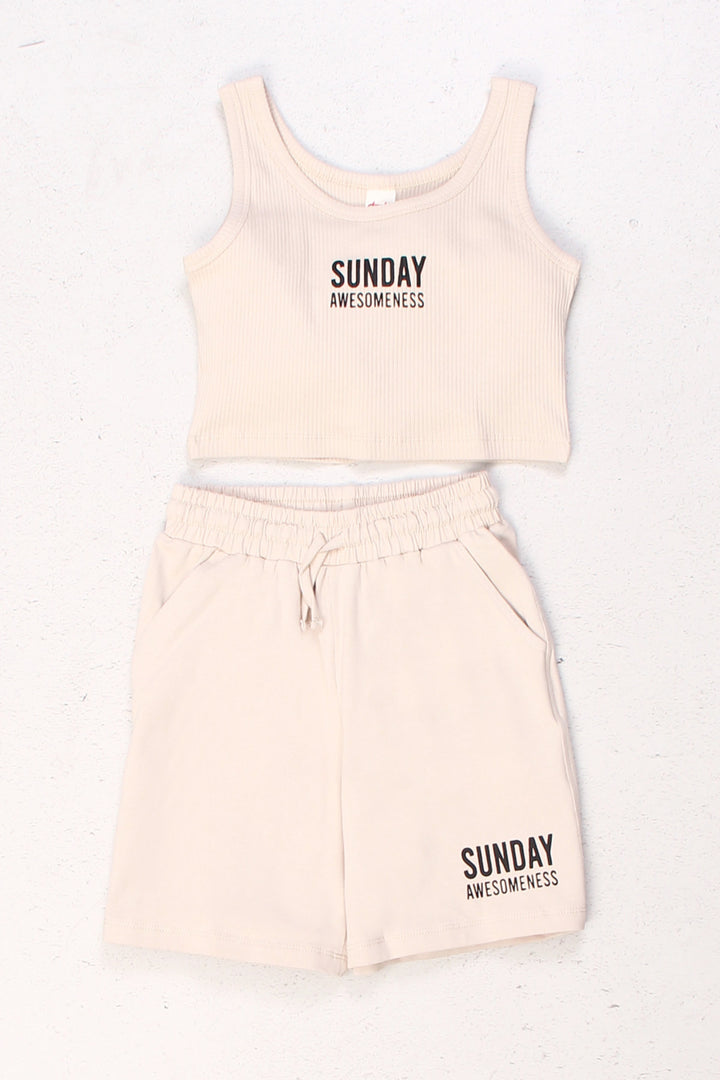 Ribanalı Crop Atlet ve Şort İkili "Sunday Awesomeness" Yazılı Yazlık Kız Çocuk  Takım