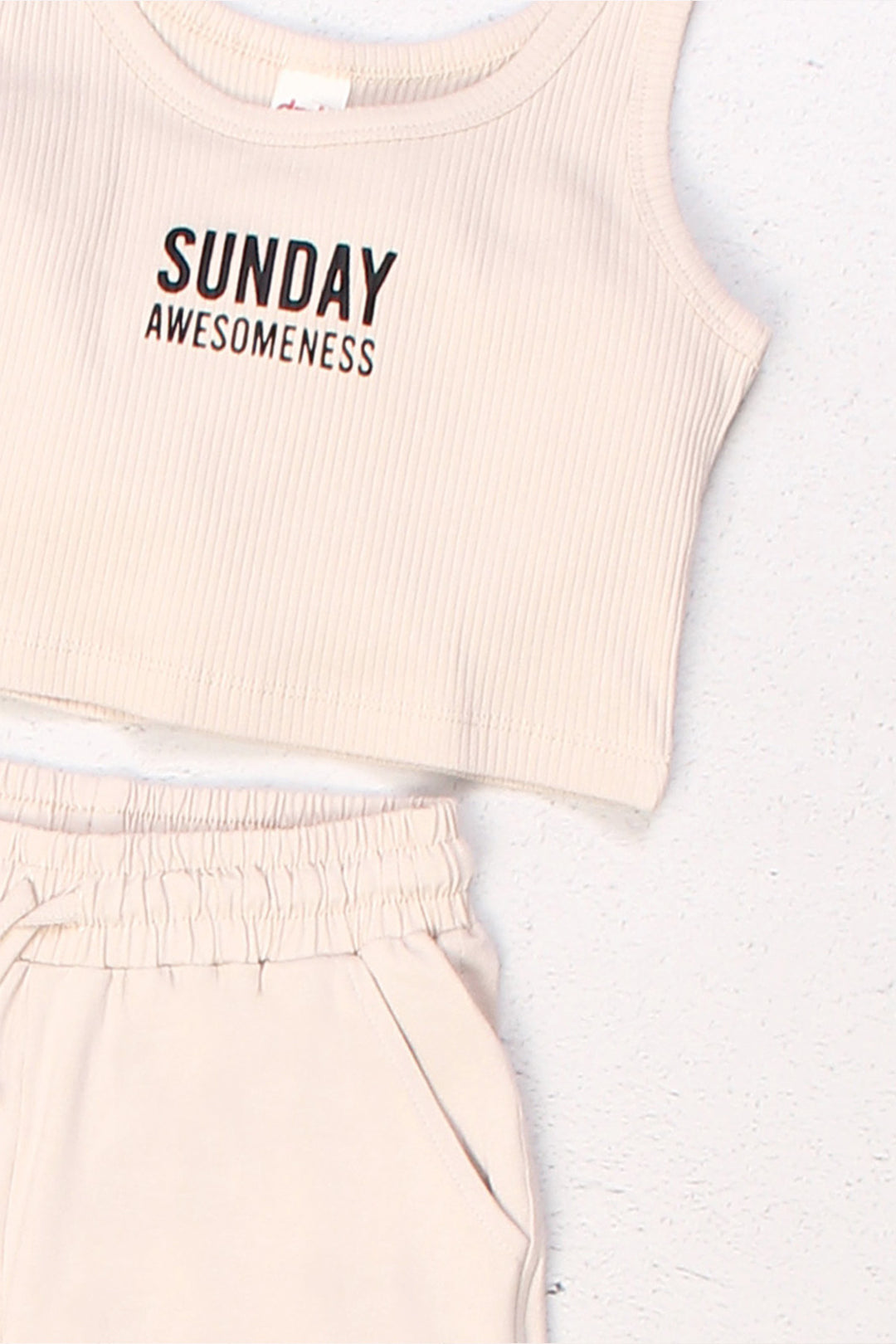 Ribanalı Crop Atlet ve Şort İkili "Sunday Awesomeness" Yazılı Yazlık Kız Çocuk  Takım