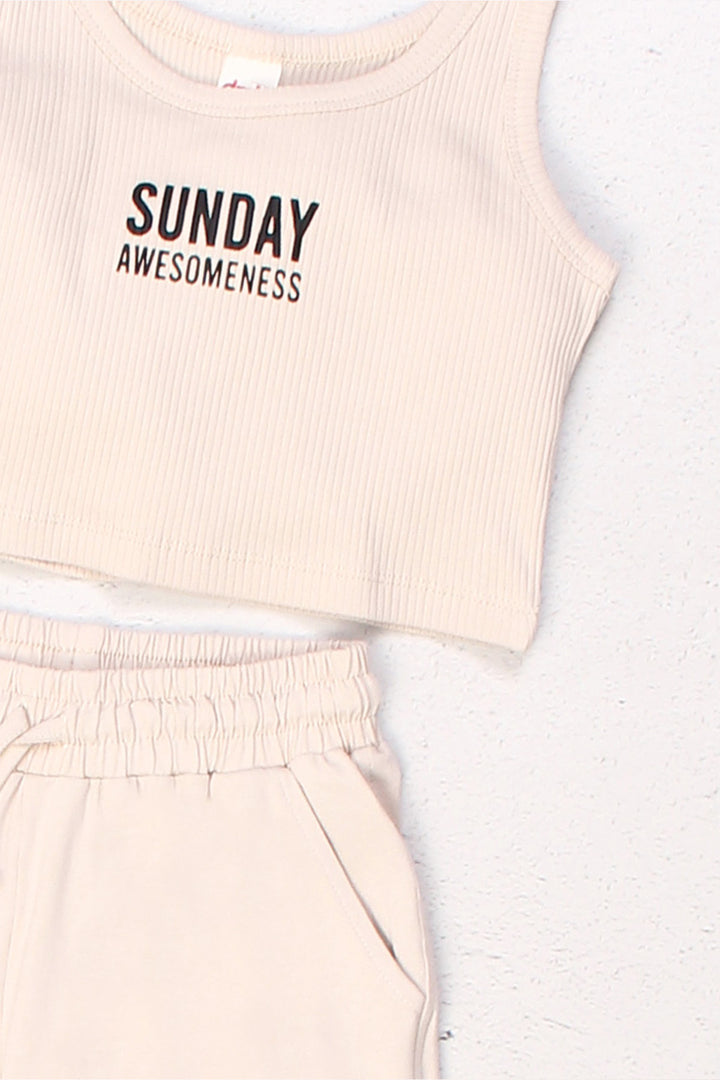 Ribanalı Crop Atlet ve Şort İkili "Sunday Awesomeness" Yazılı Yazlık Kız Çocuk  Takım
