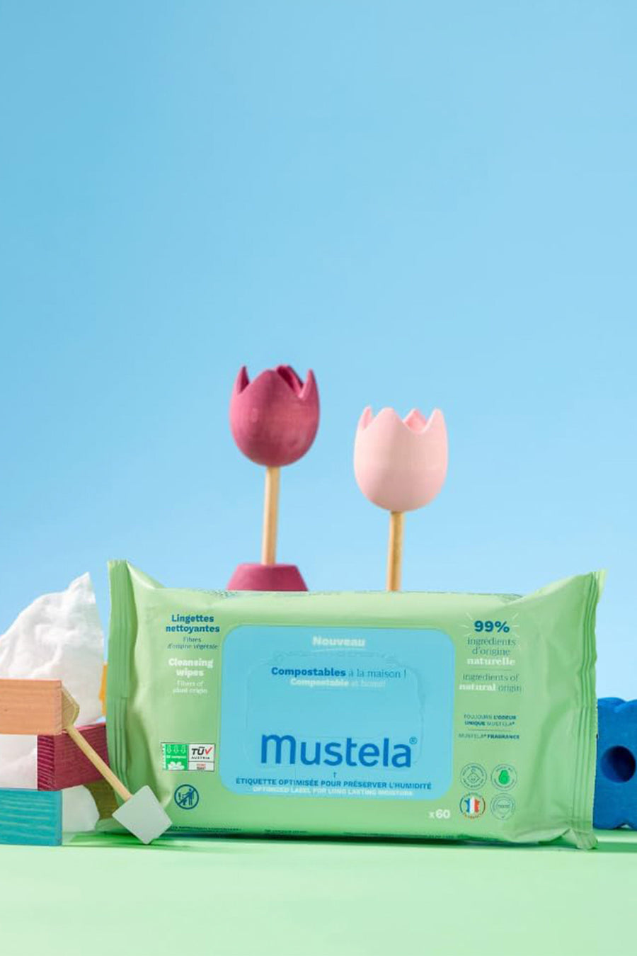 Mustela Kompostlanabilir %99 Cilt Dostu Organik Bitki Lifli 60'lı Bebek Islak Mendil