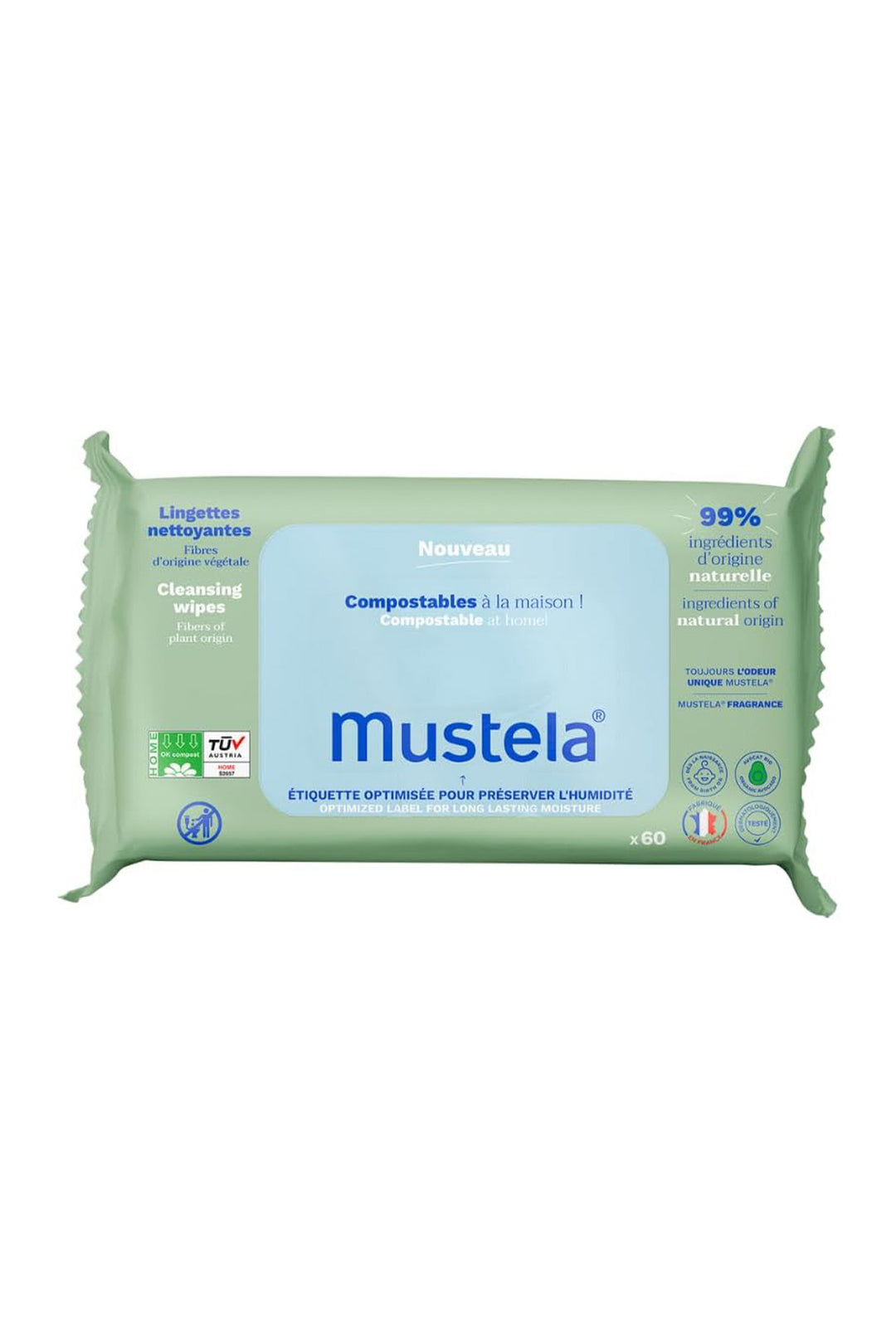 Mustela Kompostlanabilir %99 Cilt Dostu Organik Bitki Lifli 60'lı Bebek Islak Mendil
