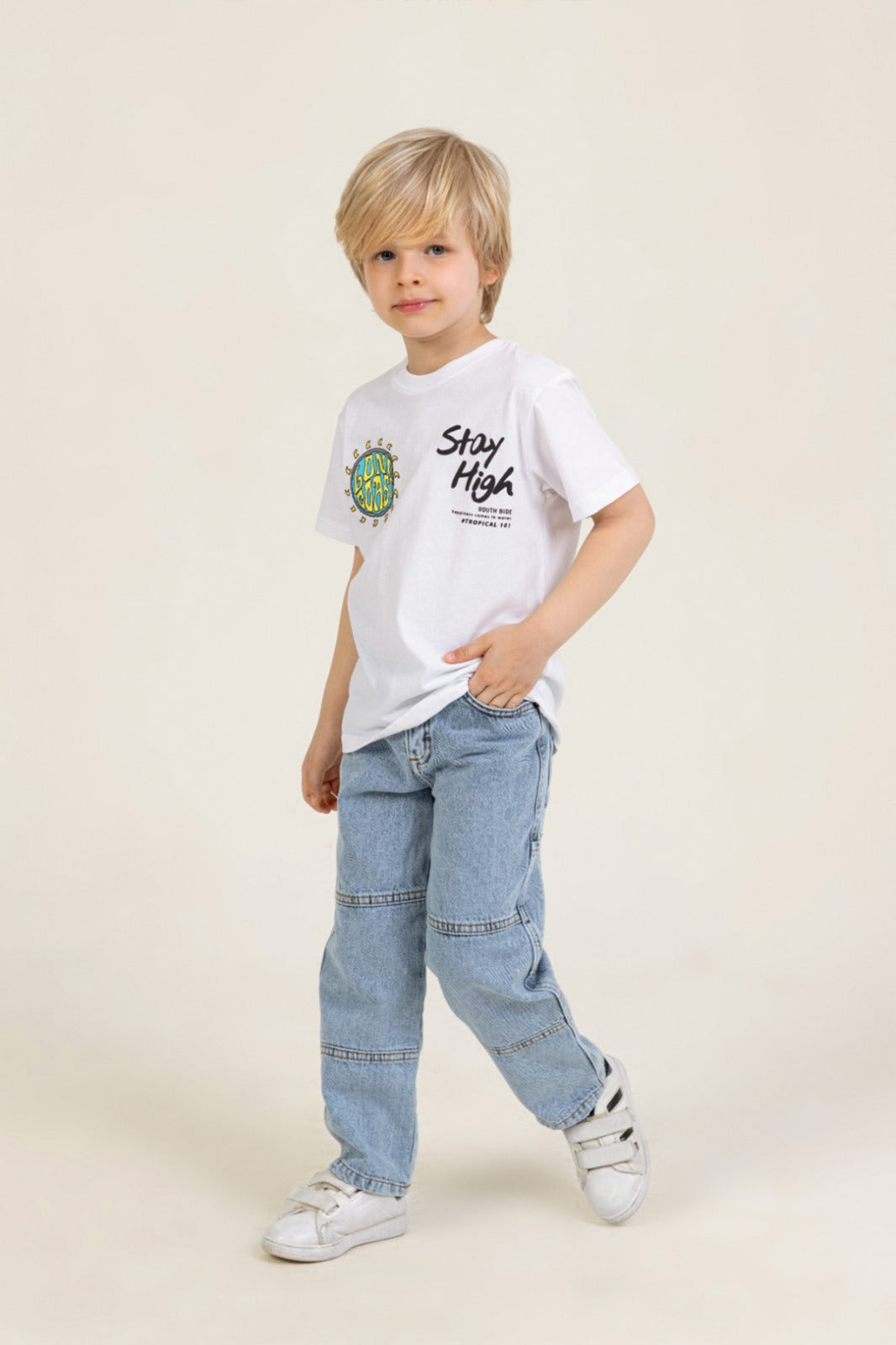Yüksek Bel Denim Düz Paça Beli Ayarlanabilir Kontrast Dikişli Kot Erkek Çocuk Pantolon