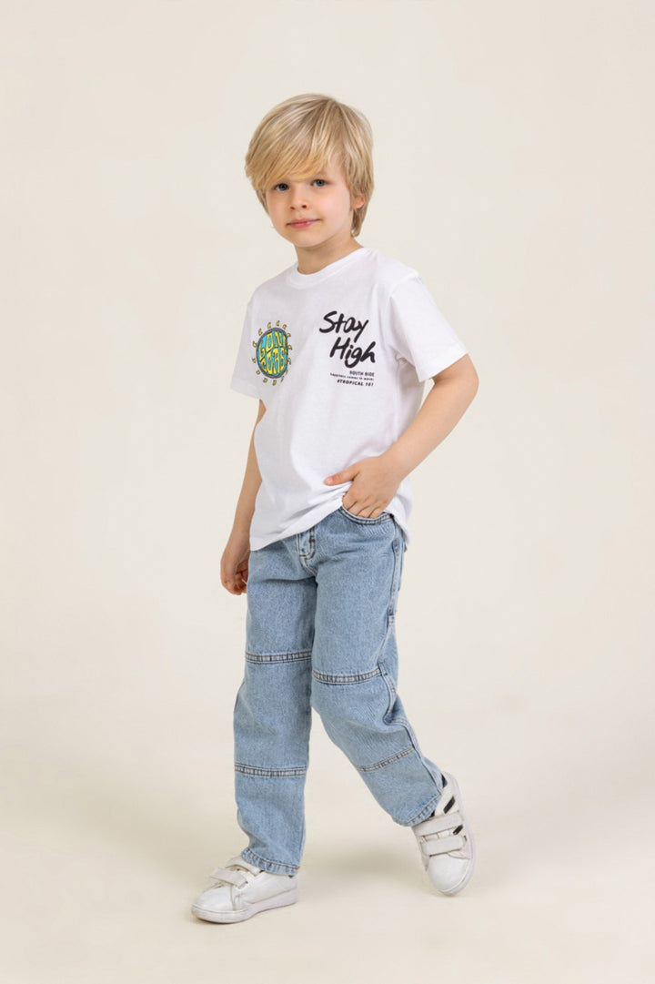 Yüksek Bel Denim Düz Paça Beli Ayarlanabilir Kontrast Dikişli Kot Erkek Çocuk Pantolon