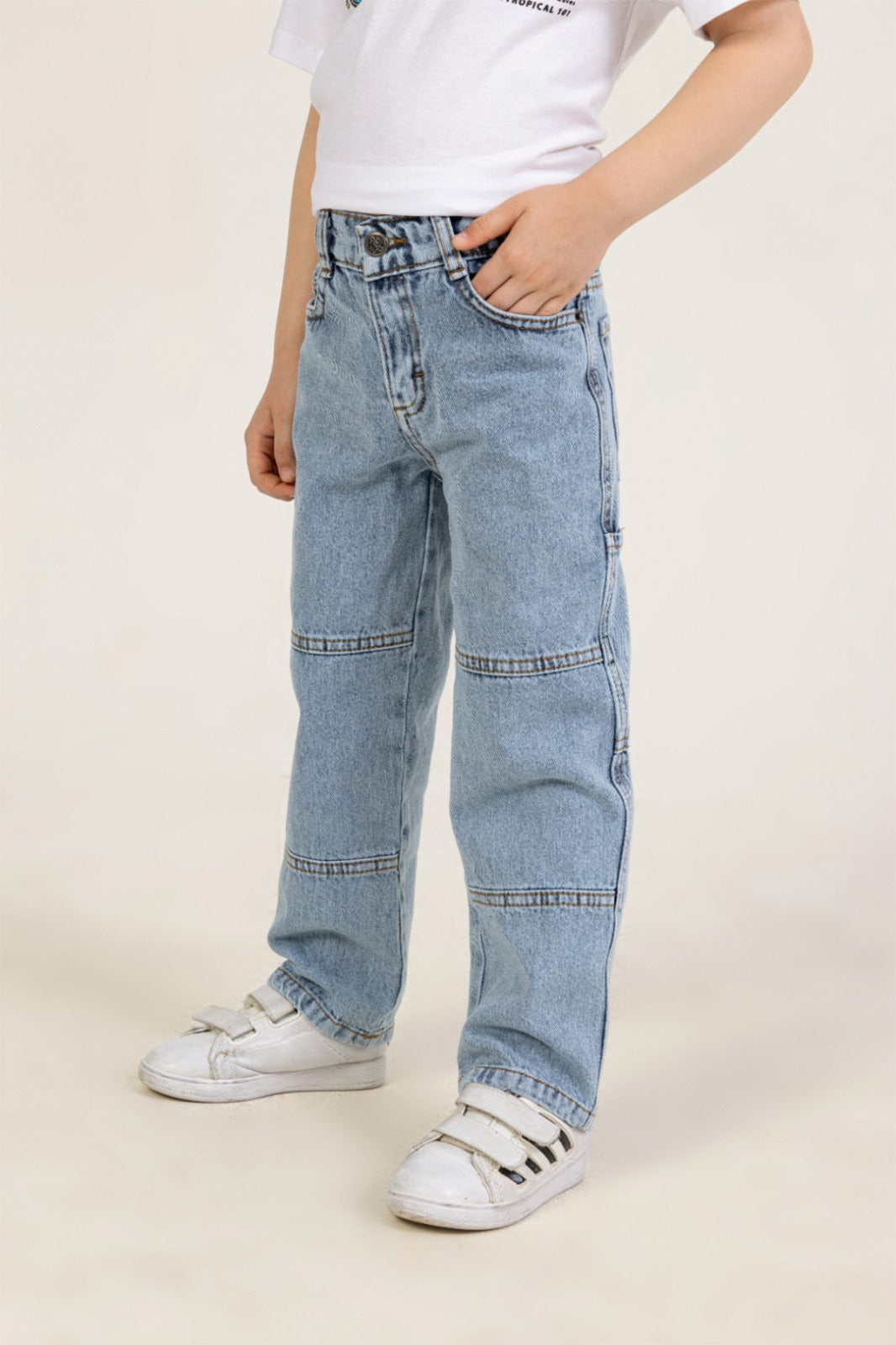 Yüksek Bel Denim Düz Paça Beli Ayarlanabilir Kontrast Dikişli Kot Erkek Çocuk Pantolon