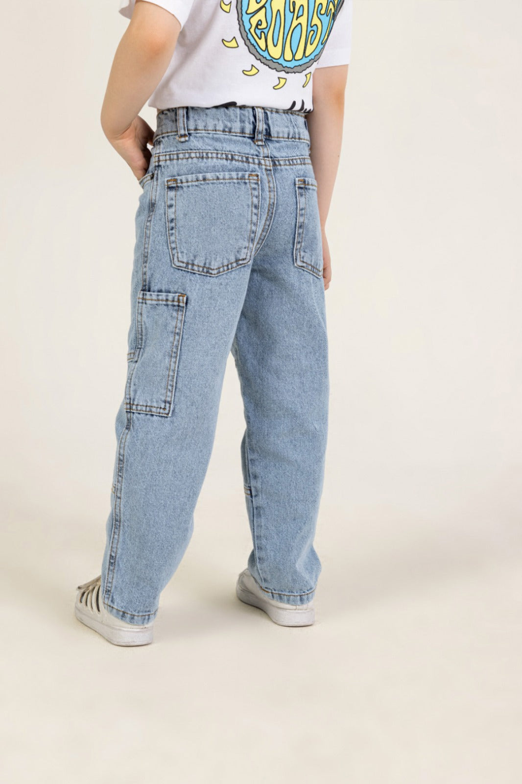 Yüksek Bel Denim Düz Paça Beli Ayarlanabilir Kontrast Dikişli Kot Erkek Çocuk Pantolon