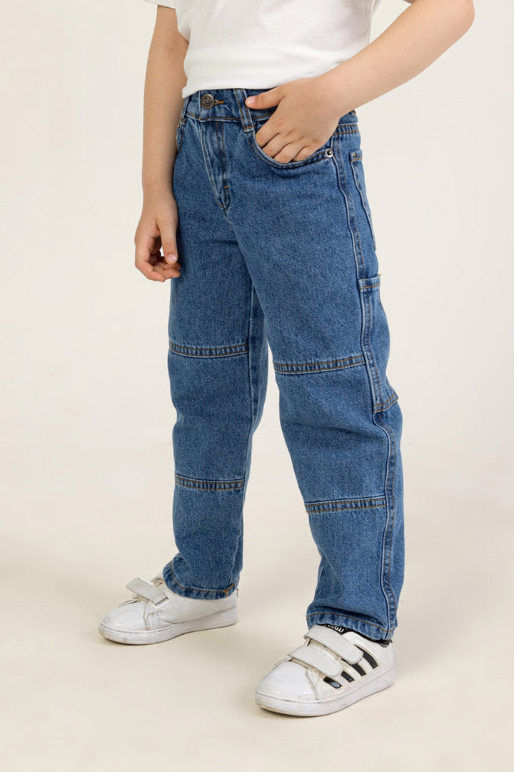 Yüksek Bel Denim Düz Paça Beli Ayarlanabilir Kontrast Dikişli Kot Erkek Çocuk Pantolon