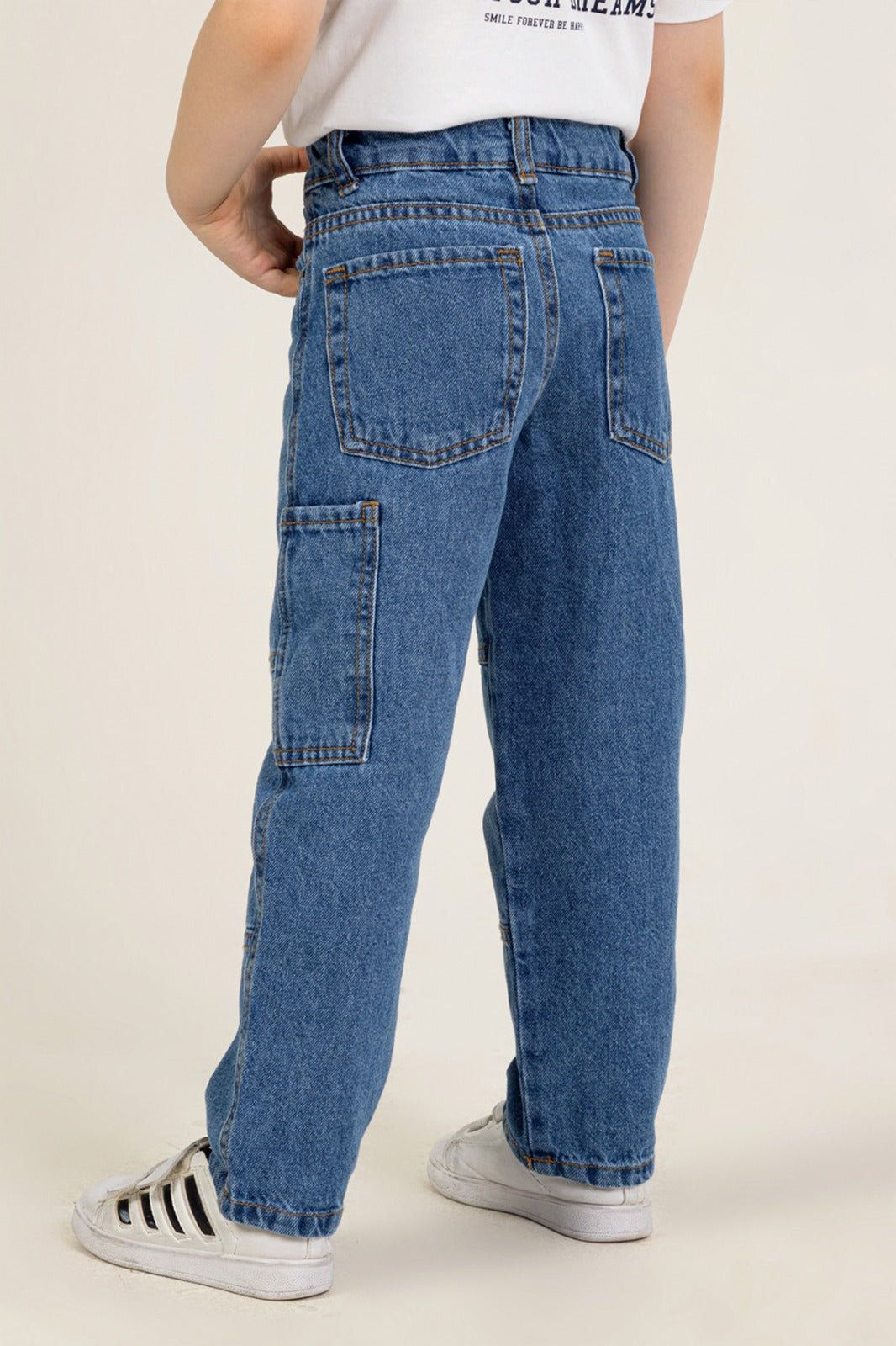 Yüksek Bel Denim Düz Paça Beli Ayarlanabilir Kontrast Dikişli Kot Erkek Çocuk Pantolon