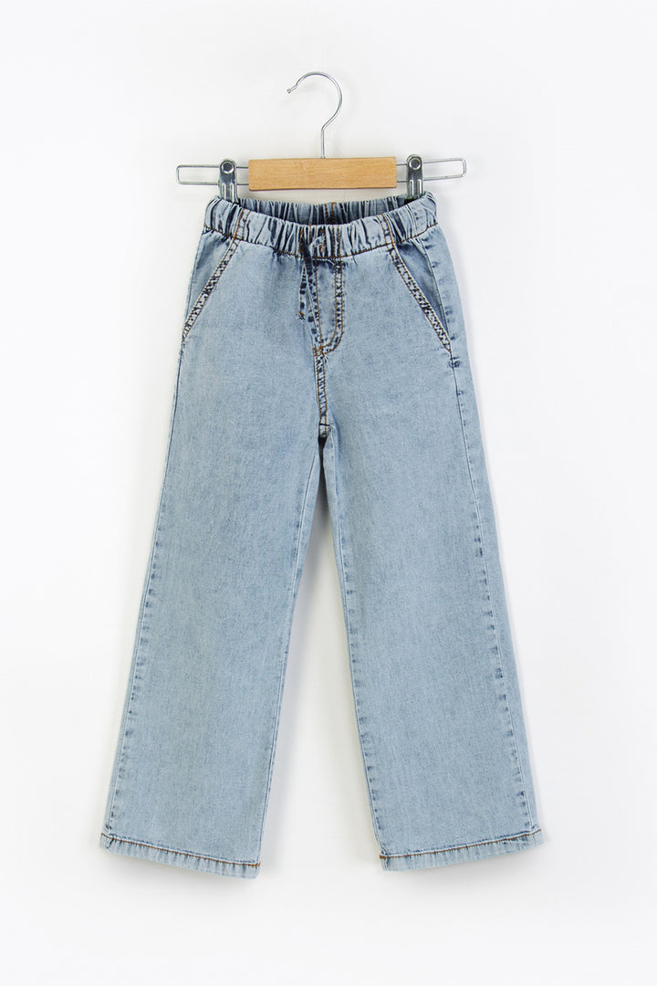 Beli Lastikli Geniş Paça Wide Leg Jean Kız Çocuk Pantolon