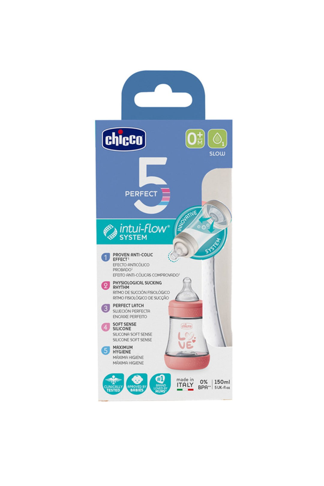 Chicco Perfect 5 150 ml Pembe Anti Kolik Biberon Yavaş Akışlı Silikon Emzikli BPA İçermez