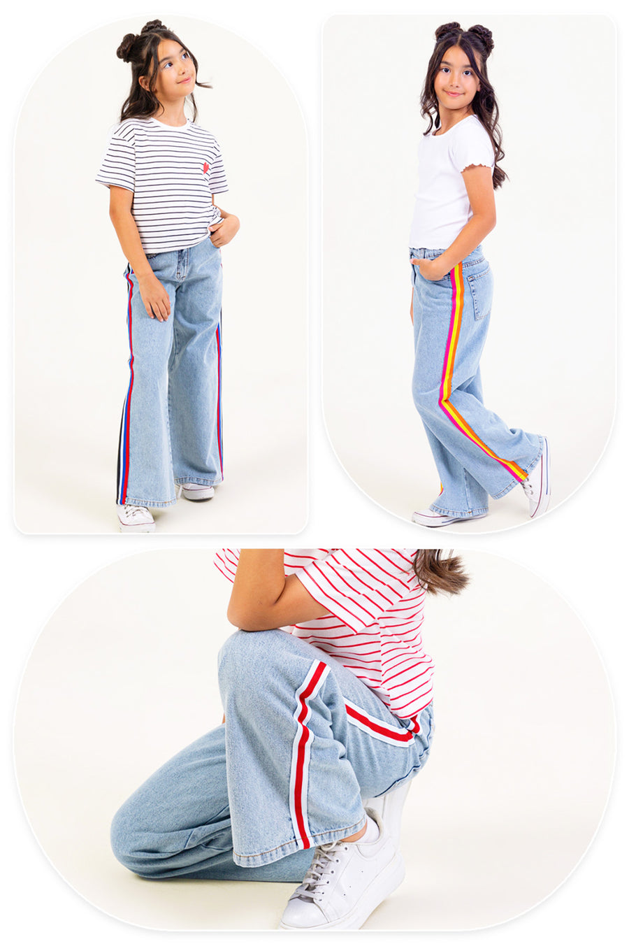 Yan Şeritli Yüksek Bel Wide Leg Geniş Paça Jean Kız Çocuk Pantolon