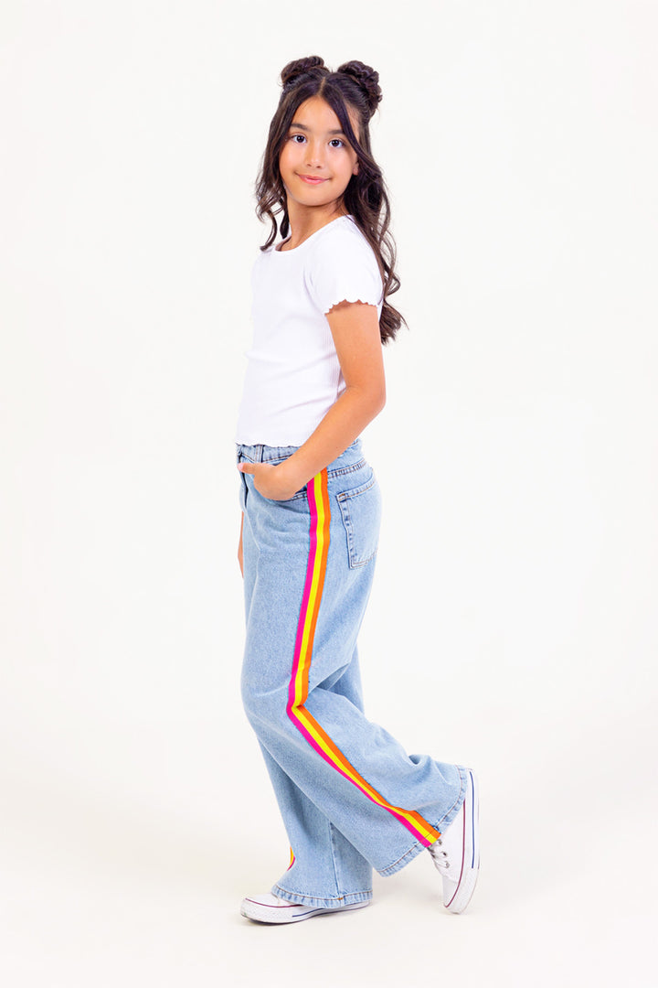 Yan Şeritli Yüksek Bel Wide Leg Geniş Paça Jean Kız Çocuk Pantolon