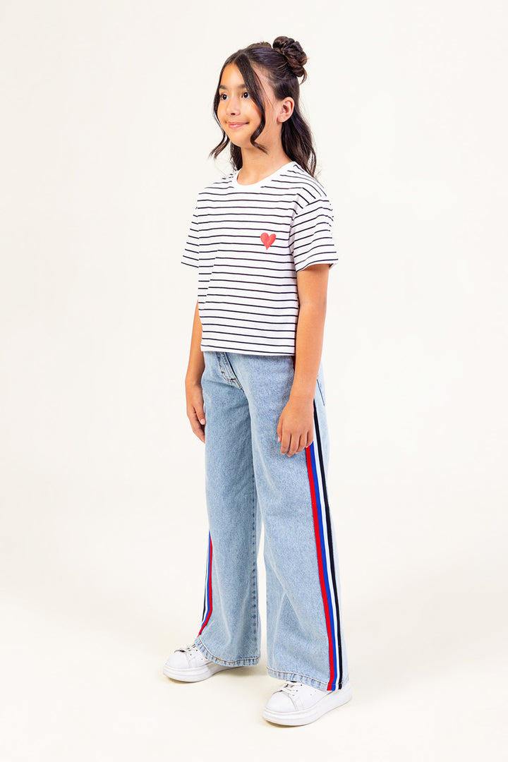 Yan Şeritli Yüksek Bel Wide Leg Geniş Paça Jean Kız Çocuk Pantolon