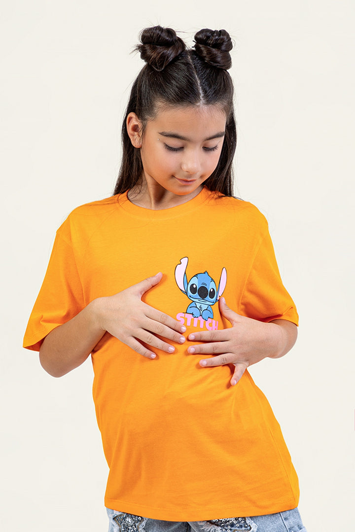Kız Çocuk Stitch Baskılı T-shirt Rahat Kalıp