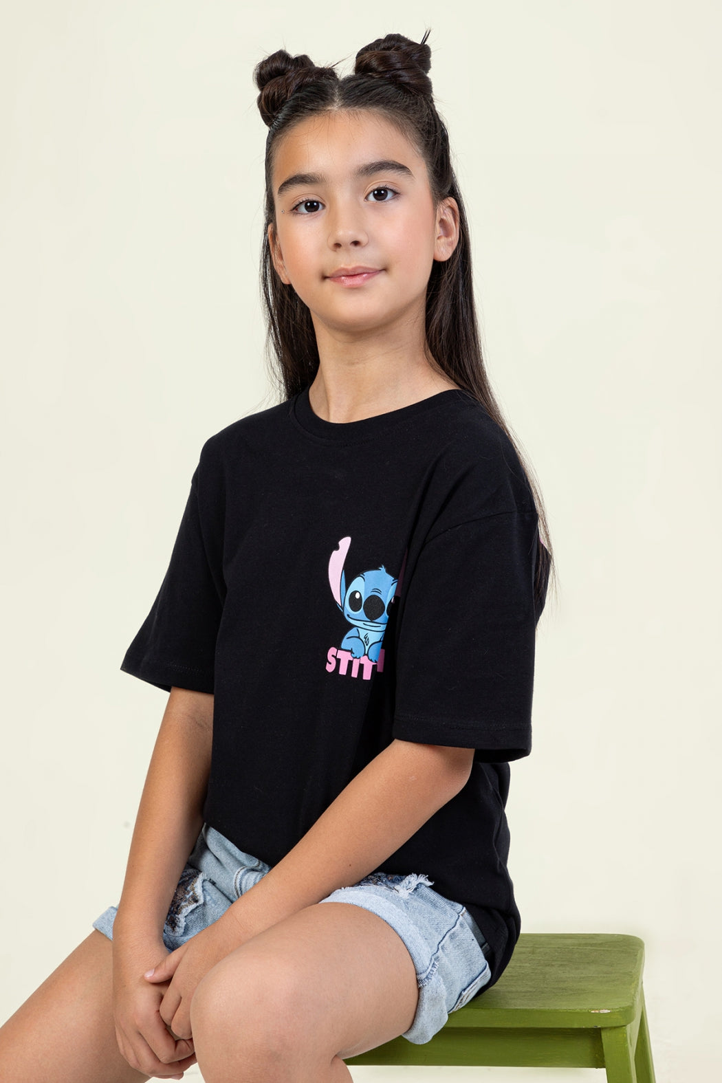 Kız Çocuk Stitch Baskılı T-shirt Rahat Kalıp