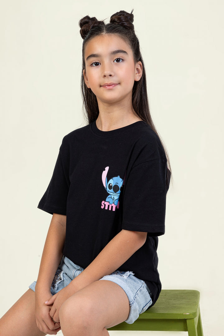 Kız Çocuk Stitch Baskılı T-shirt Rahat Kalıp