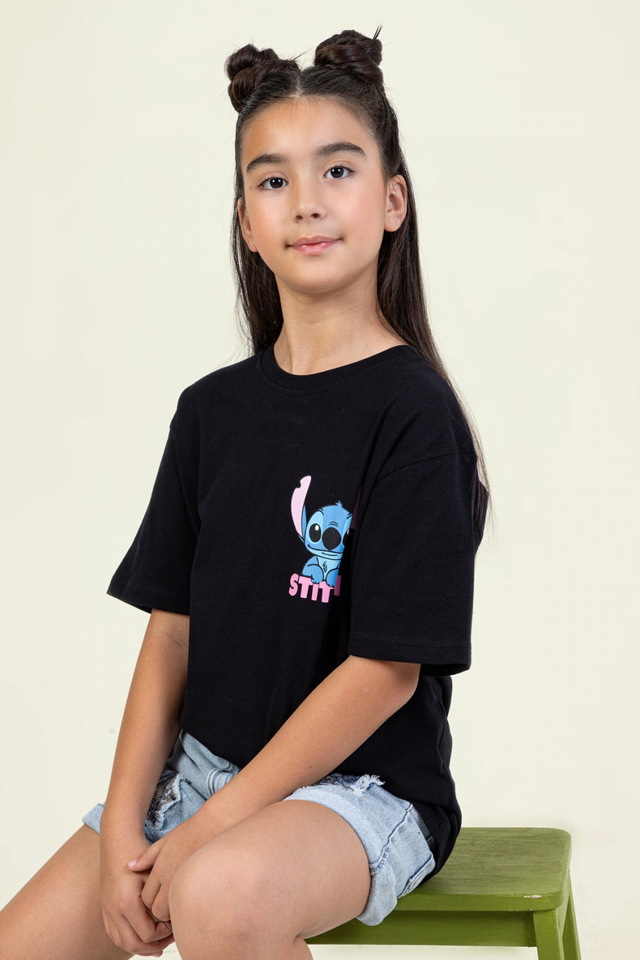 Kız Çocuk Stitch Baskılı T-shirt Rahat Kalıp