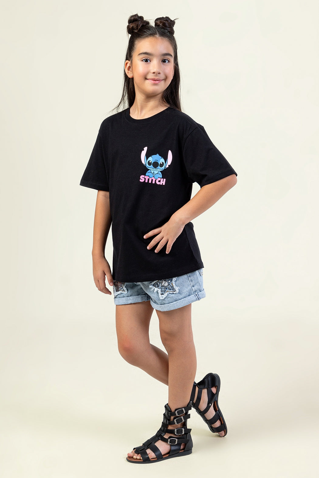 Kız Çocuk Stitch Baskılı T-shirt Rahat Kalıp