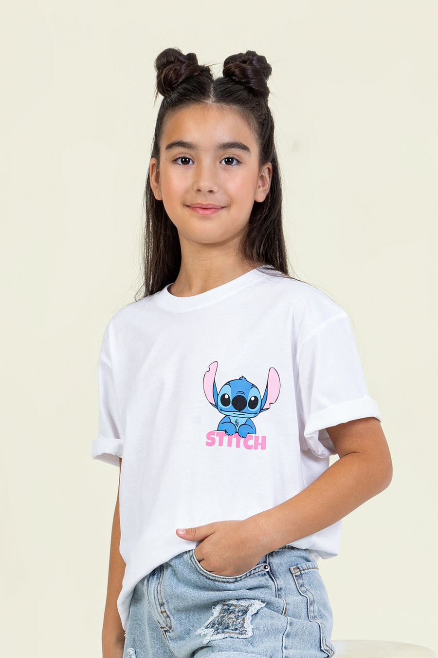 Kız Çocuk Stitch Baskılı T-shirt Rahat Kalıp