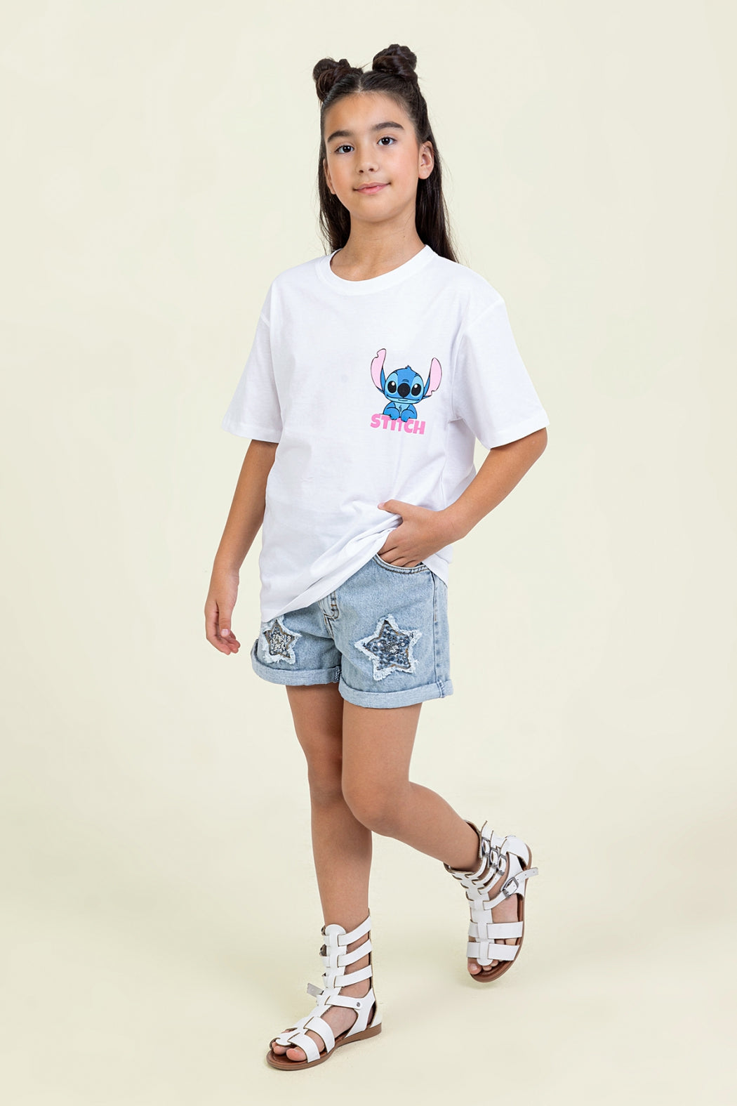 Kız Çocuk Stitch Baskılı T-shirt Rahat Kalıp