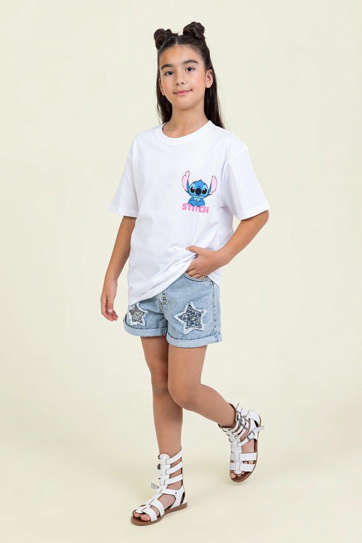 Kız Çocuk Stitch Baskılı T-shirt Rahat Kalıp