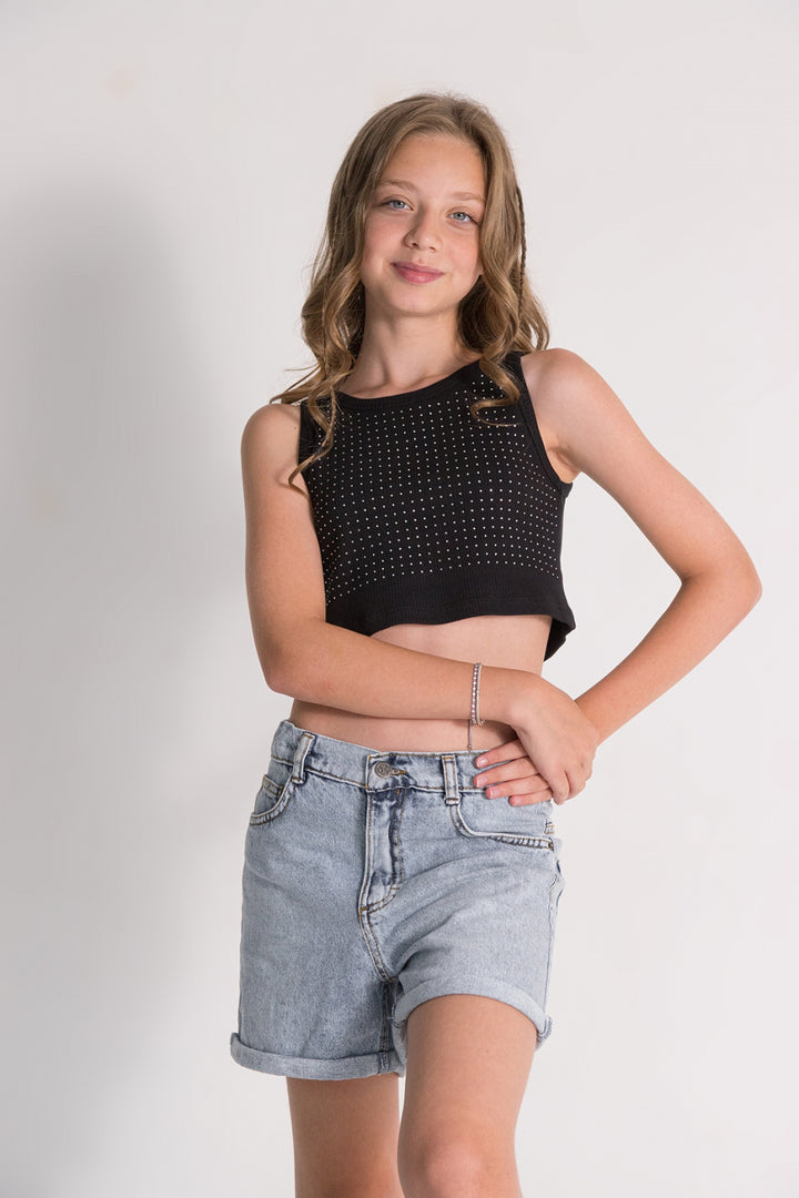 Kız Çocuk Taş Detaylı Crop Body Askılı Kısa Bluz