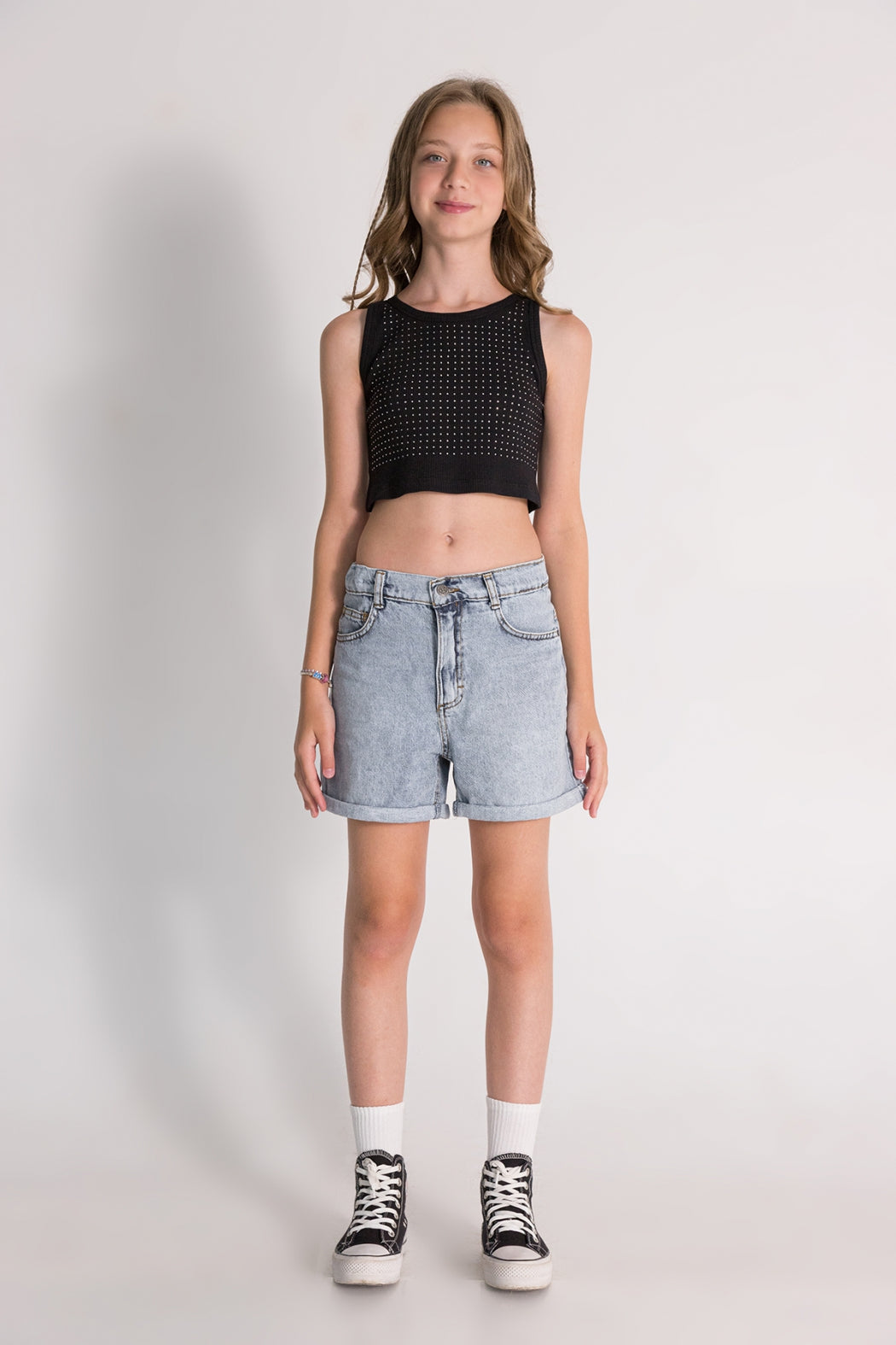 Kız Çocuk Taş Detaylı Crop Body Askılı Kısa Bluz