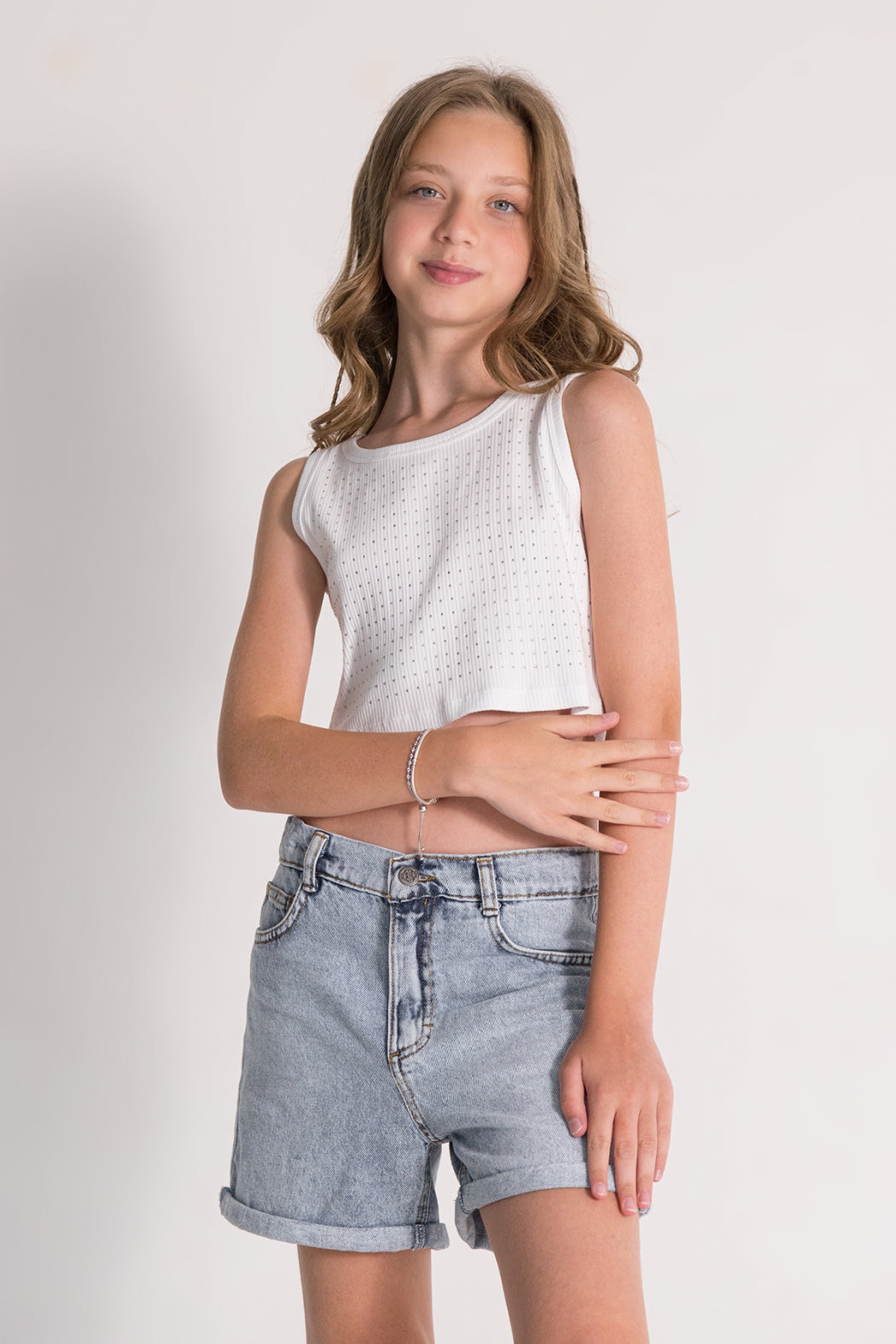Kız Çocuk Taş Detaylı Crop Body Askılı Kısa Bluz