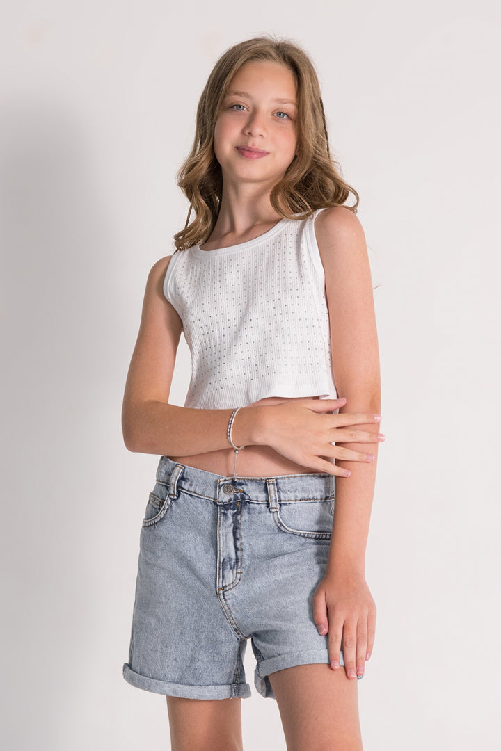 Kız Çocuk Taş Detaylı Crop Body Askılı Kısa Bluz