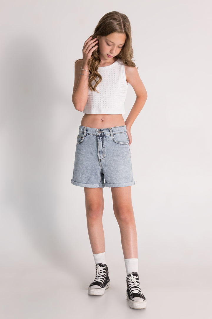 Kız Çocuk Taş Detaylı Crop Body Askılı Kısa Bluz