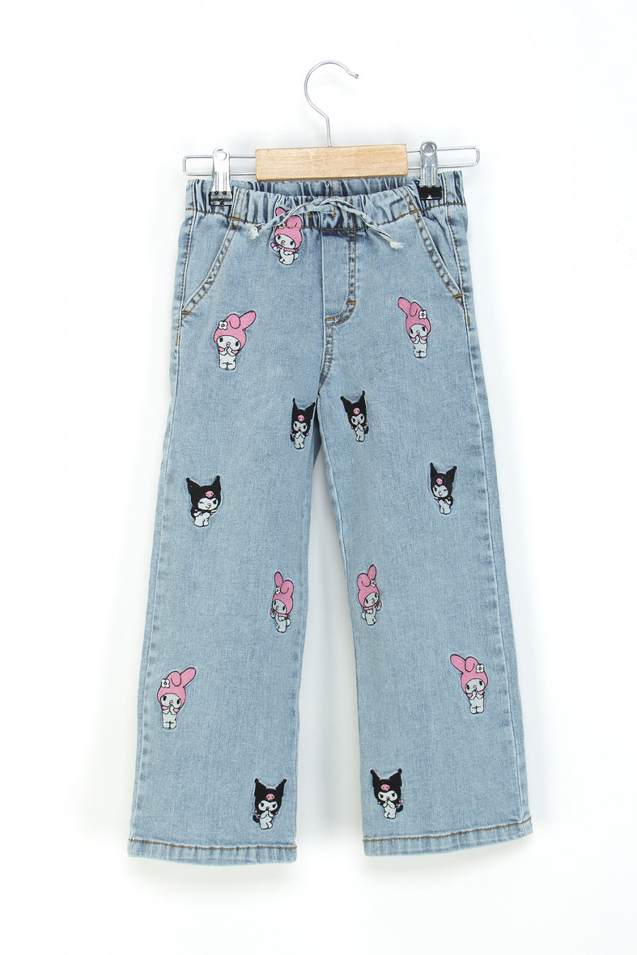 Kız Çocuk Bol Paça Kot Pantolon Beli Lastikli My Melody ve Kuromi Nakışlı Jean