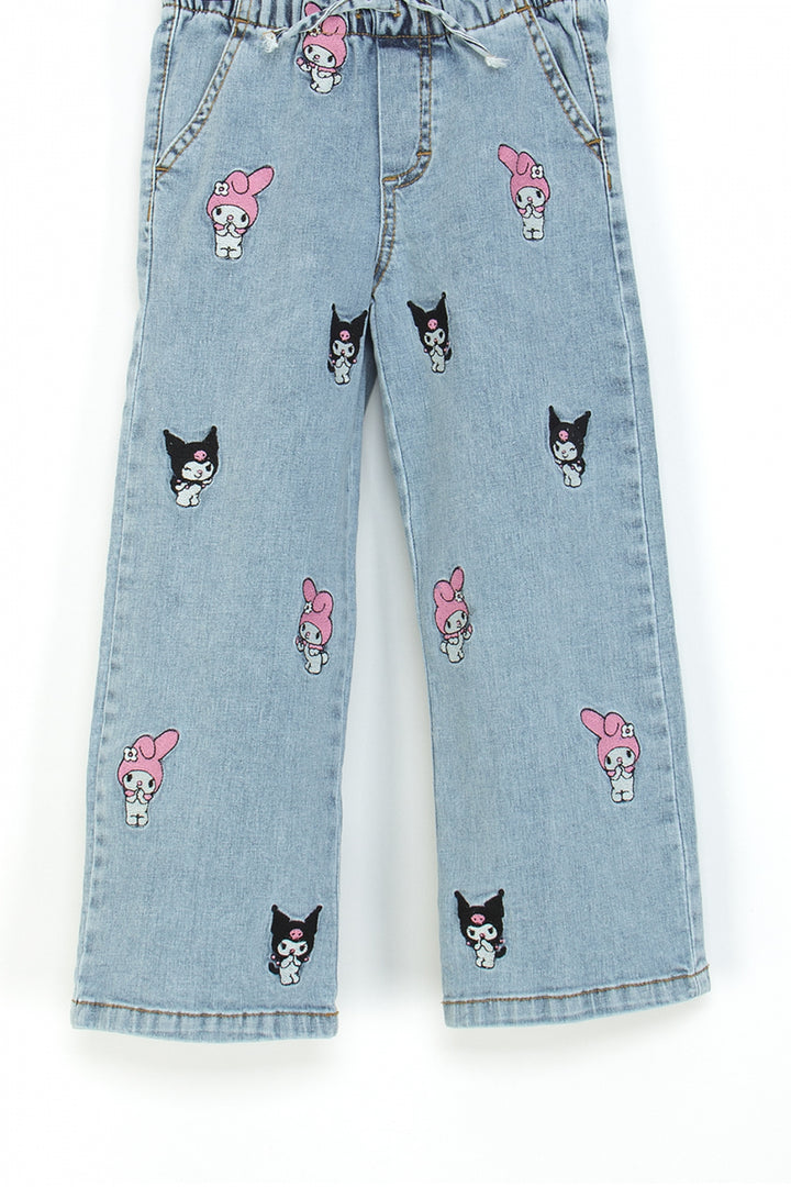Kız Çocuk Bol Paça Kot Pantolon Beli Lastikli My Melody ve Kuromi Nakışlı Jean