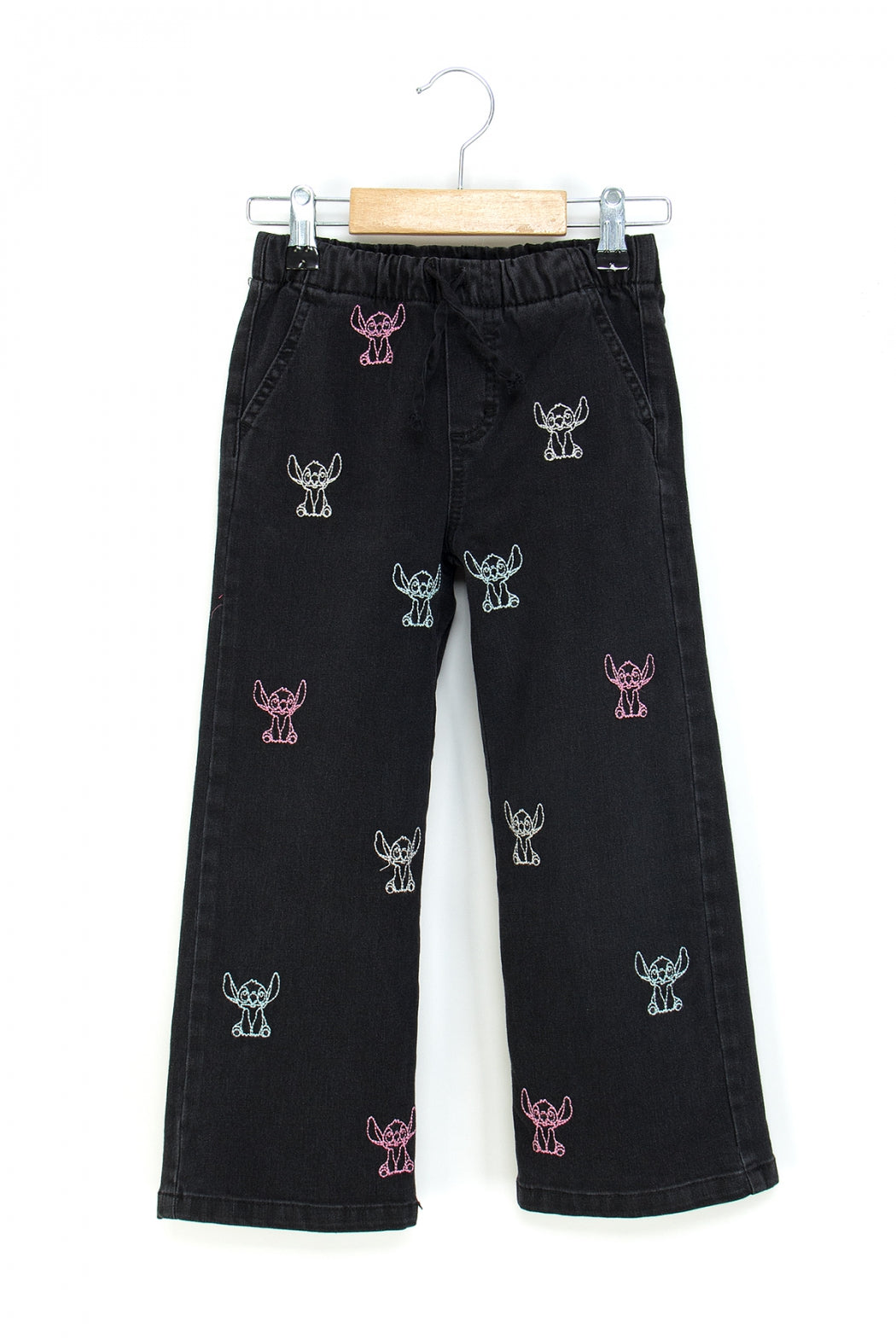 Kız Çocuk Bol Paça Kot Pantolon Beli Lastikli My Melody ve Kuromi Nakışlı Jean